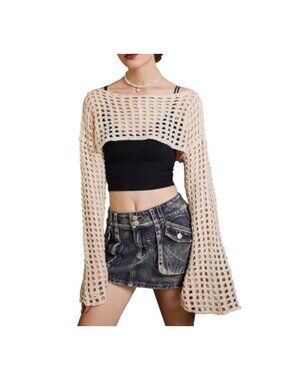 Mesh Cover Up Y2K Crochet Shrug Bolero Sweater See Through Fishnet Knit Bikini
